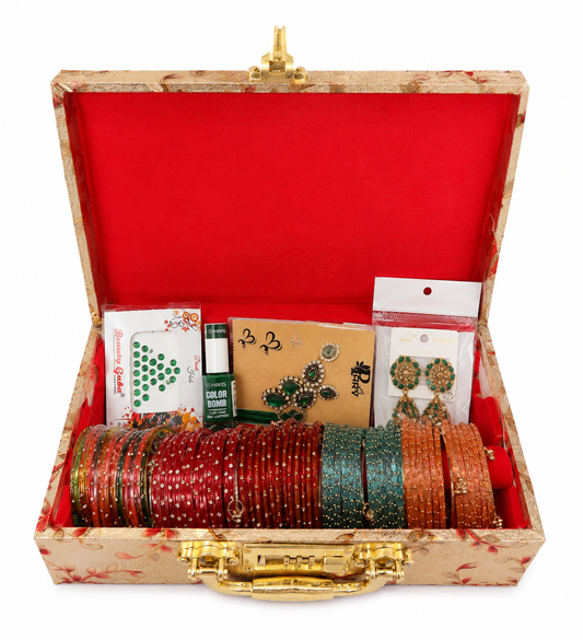 Sawan Special Premium Hamper (60 Diamond Bangles + 12 Kashmiri Ghungroo Bangles + Bindi + Mehndi + Nail Paint + 2 Jhumka +
Sindur + Heavy Bangle Box )