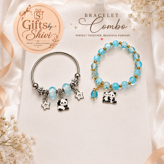 Metal Charm + Crystal Panda Bracelet Combo Set