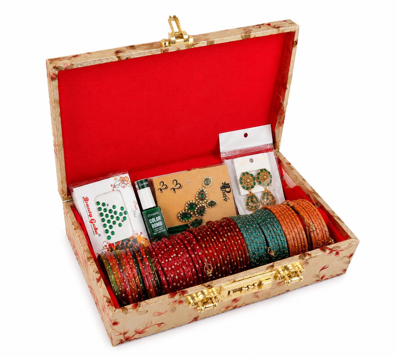 Sawan Special Premium Hamper (60 Diamond Bangles + 12 Kashmiri Ghungroo Bangles + Bindi + Mehndi + Nail Paint + 2 Jhumka +
Sindur + Heavy Bangle Box )