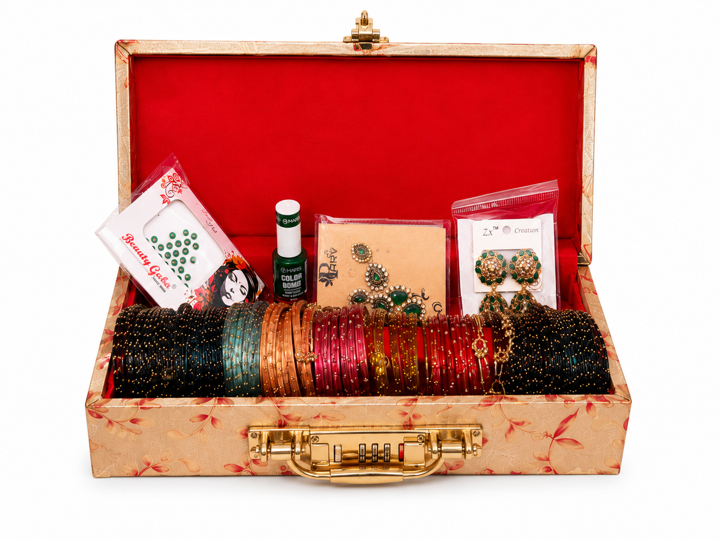 Sawan Special Premium Hamper (60 Diamond Bangles + 12 Kashmiri Ghungroo Bangles + Bindi + Mehndi + Nail Paint + 2 Jhumka +
Sindur + Heavy Bangle Box )